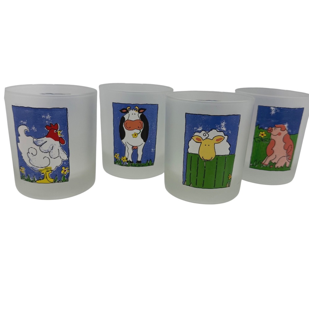Dartington Designs Frosted Glass Farm Animal Tumblers Set of 4 Made in France